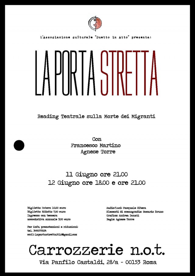 La Porta Stretta Reading teatrale sulla morte dei migranti Carrozzerie n.o.t. Roma