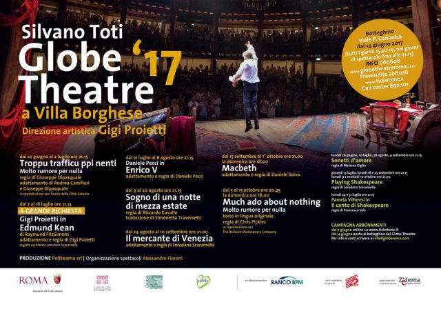 stagione 2017 Globe Theatre Villa Borghese Roma spettacoli in Cartellone