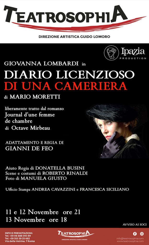 Locandina Giovanna Lombardi DIARIO LICENZIOSO DI UNA CAMERIERA Teatrosophia novembre 2022